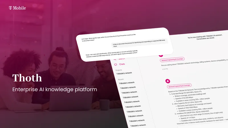 Thoth banner reading “Enterprise AI knowledge platform” beside angled screenshots of the interview and chat interfaces